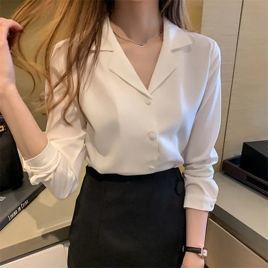 Women Spring Autumn Style Blouses Shirts Office Wear Lady OL Long Sleeve Notched Collar Blusas Tops WY1003