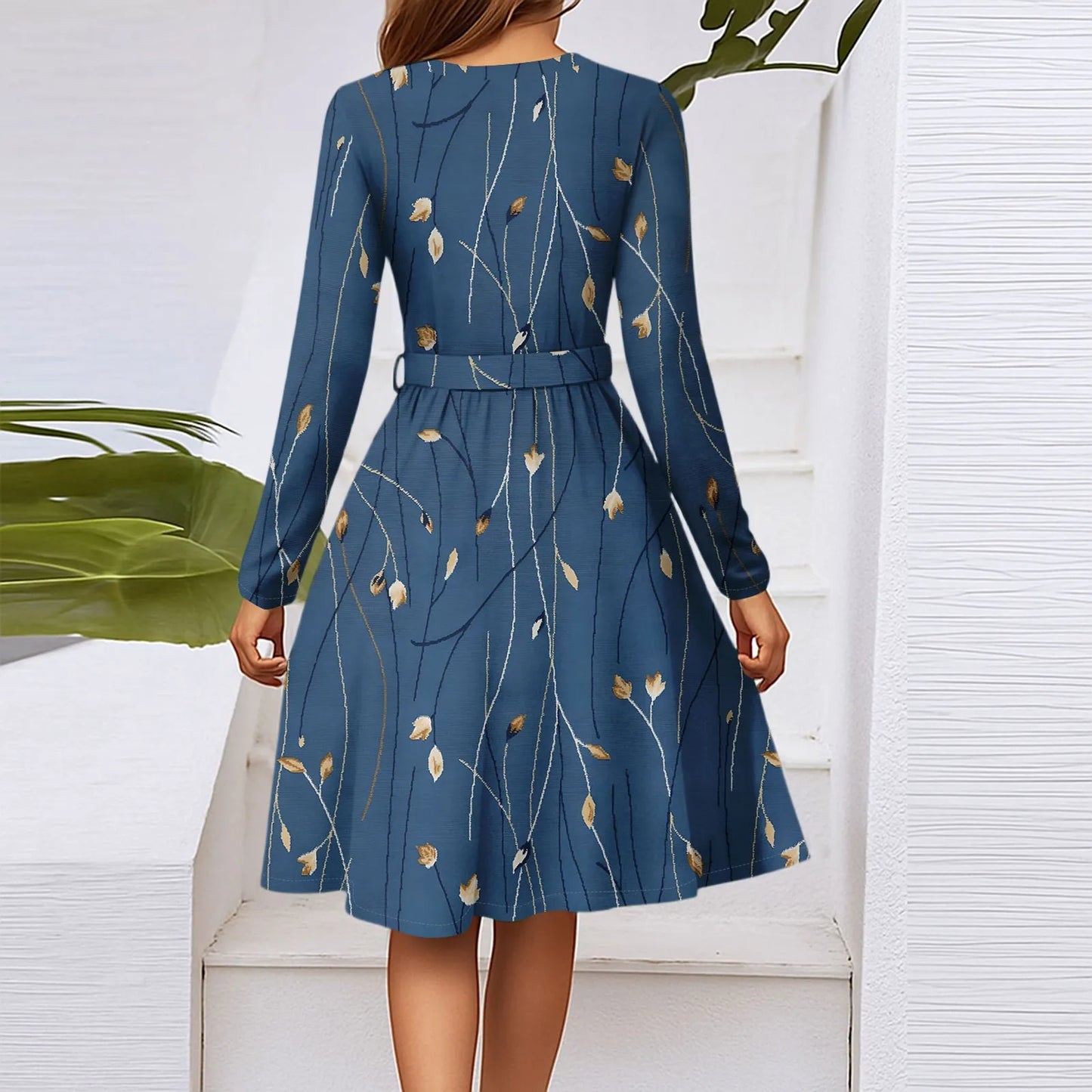 Women'S Fashion Casual V-Neck Long Sleeve Waist Floral Print Midi Dress Vestidos Para Mujer Female Dress Y2k Traf Roupas Feminin