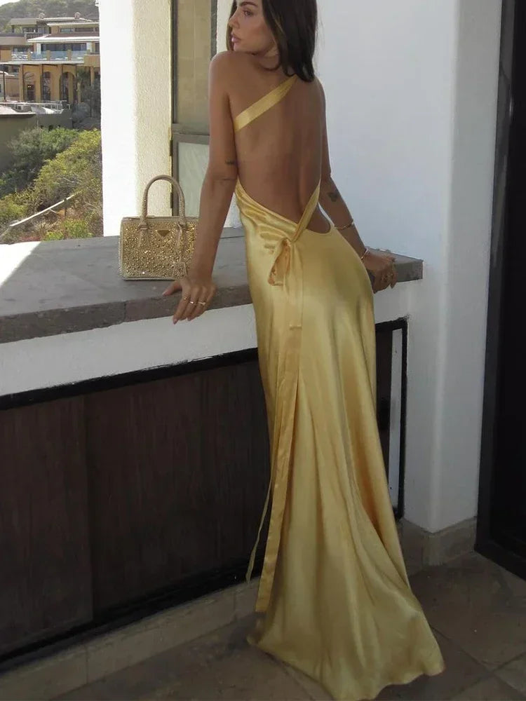 2025 New Summer Backless Yellow Satin Lace Up Dresses Women Elegant Off Shoulder Strapless Long Dress Lady Party Club