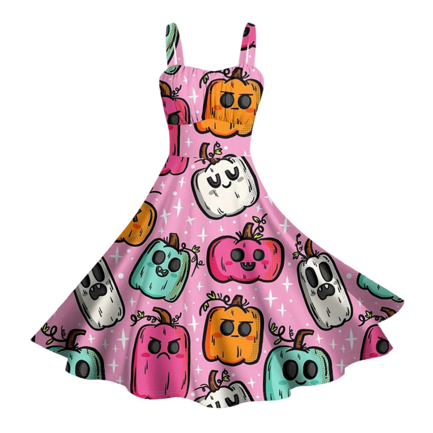 Women'S Vintage Sleeveless Pleated Patchwork Cute A-Line Hem Halloween Printed Dresses Elegant Dresses For Women Vestido Feminin