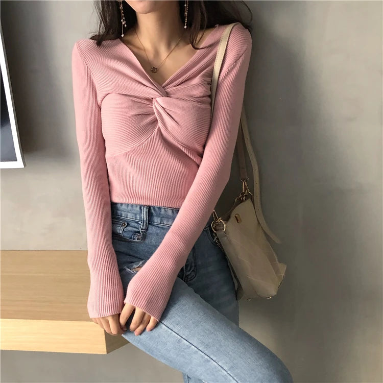 Autumn Winter Skinny Knitted Shirt Women Pullover Sweater Tops Female Long Sleeve Elastic V-neck Slim Sweaters Knit Shirts