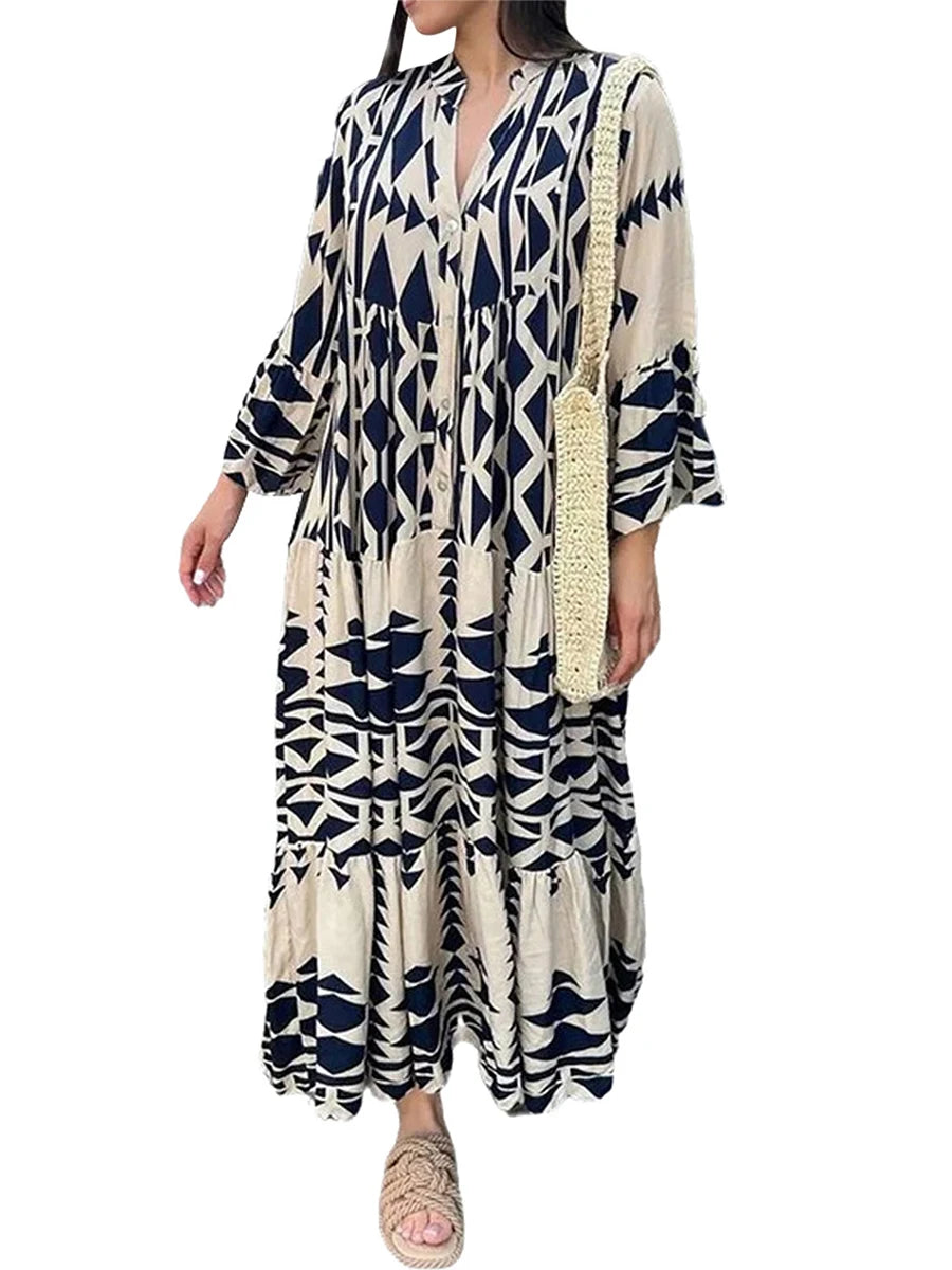 Women Long Dress Long Sleeve Button-down Geometric Print Bohe Dress Loose Swing Dress for Casual Daily