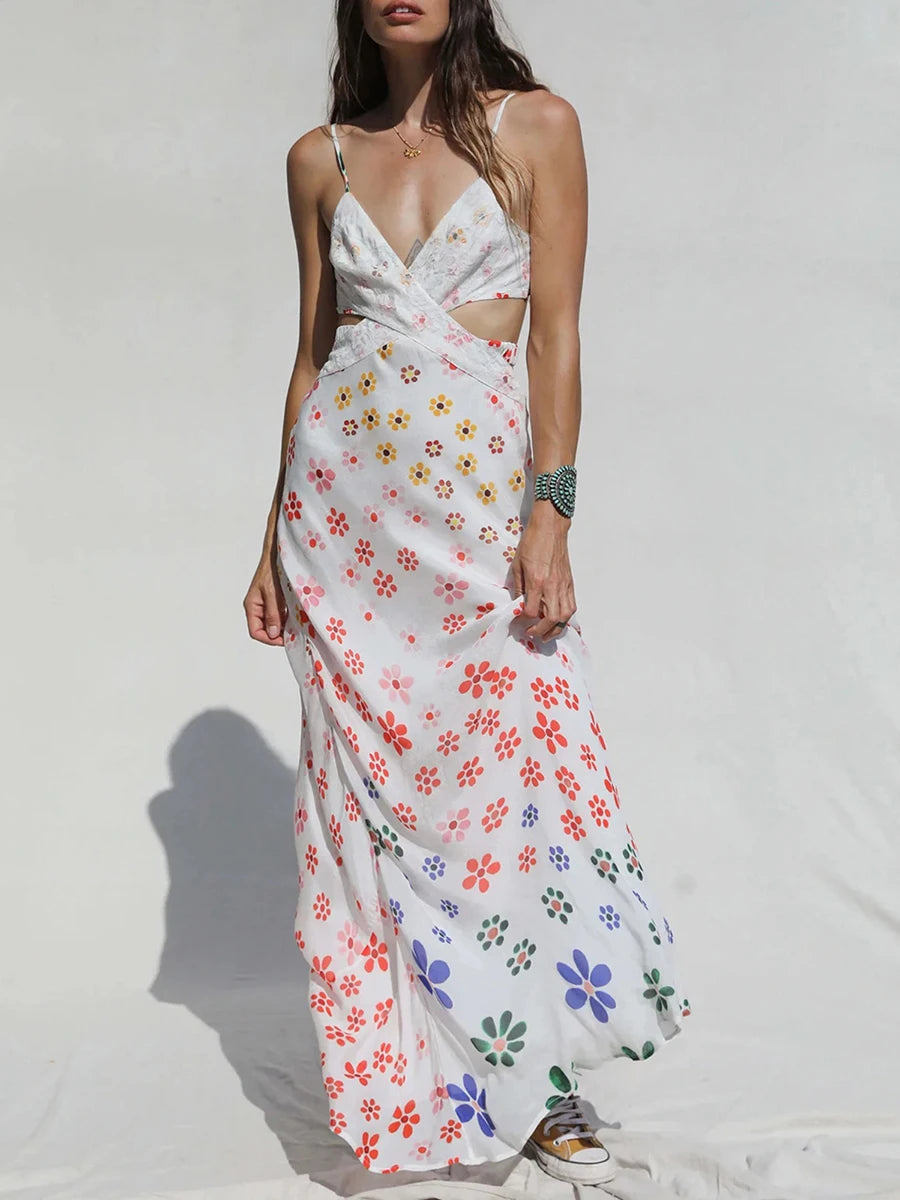 Women Slip Sleeveless Dress Summer Floral Print Tie Backless Party Dress for Vacation Cocktail Beach Streetwear