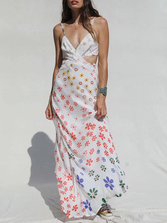 Women Slip Sleeveless Dress Summer Floral Print Tie Backless Party Dress for Vacation Cocktail Beach Streetwear