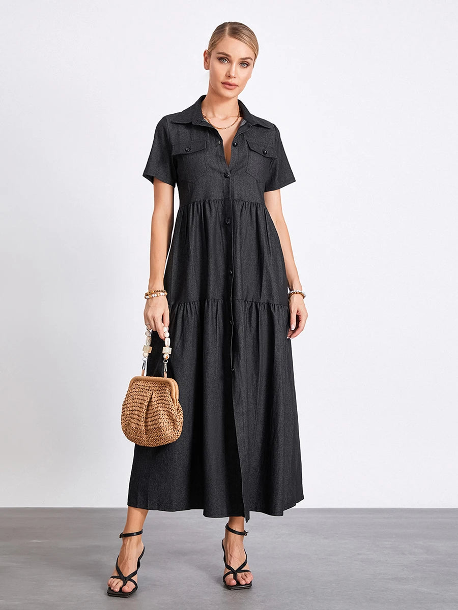 Women s Plus Size Denim Dress Short Sleeve Turn Down Collar Button Front Loose Swing Jean Dress