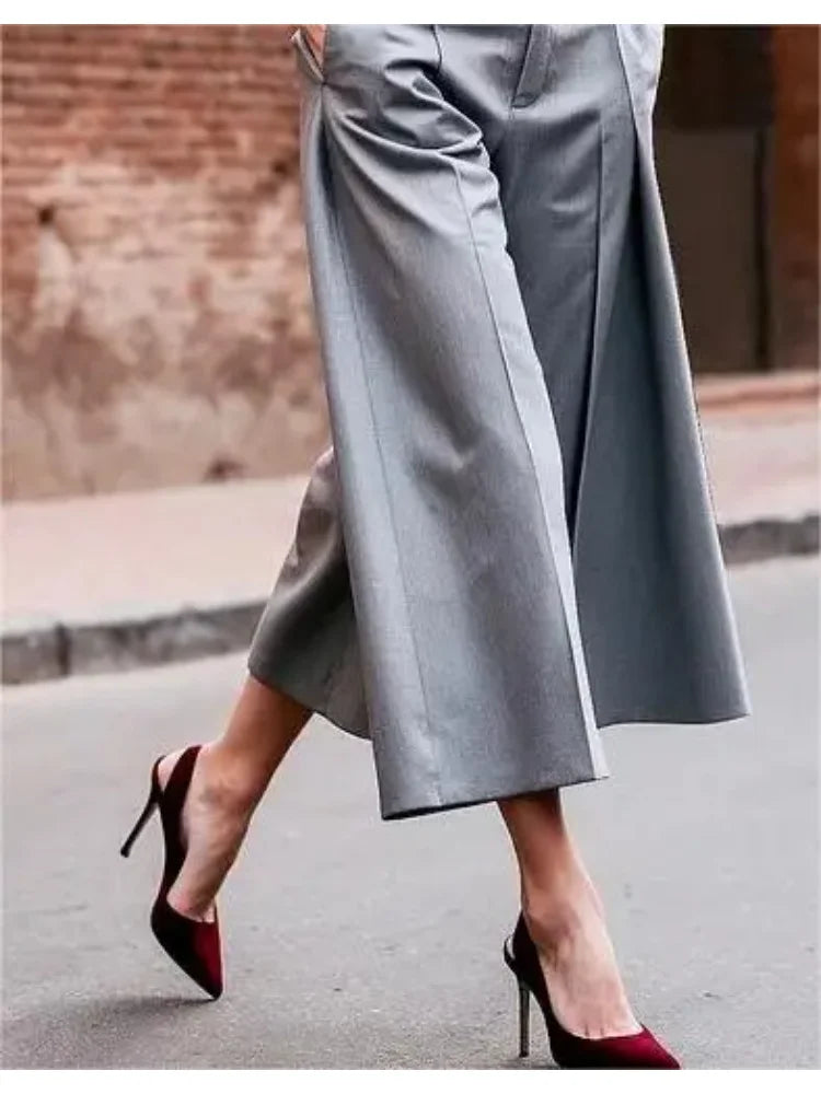 Fashion 2025 New Women's Ninth Pants Casual Loose Pockets Solid Color Elegant Wide Leg Trousers For Ladies Office