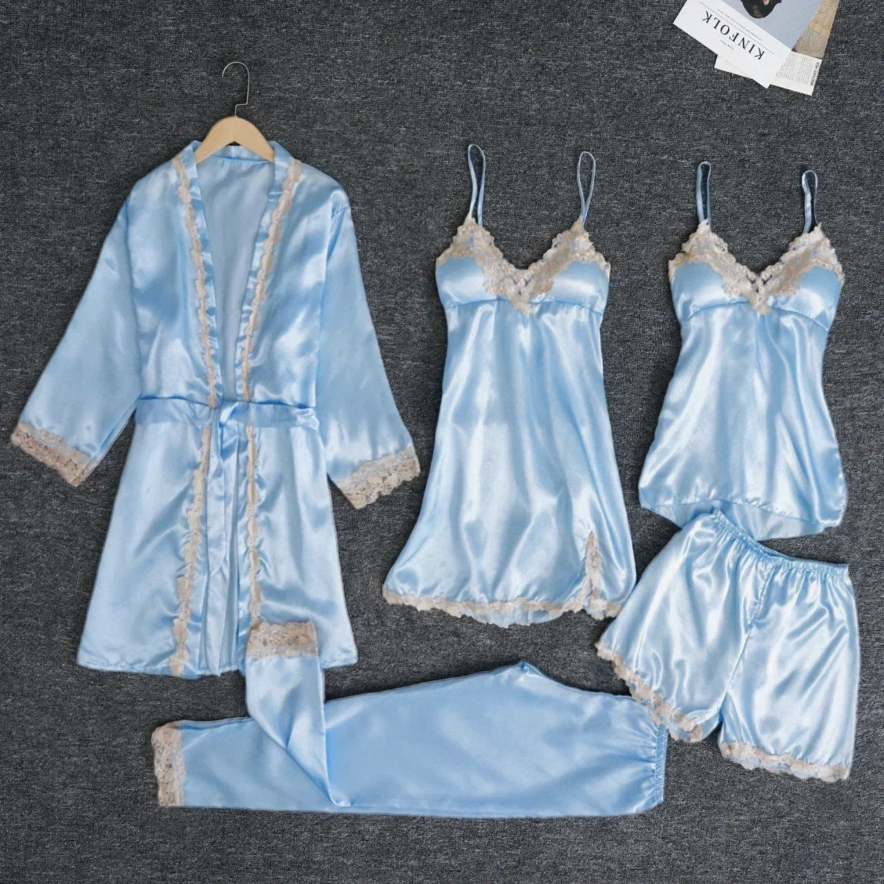2025New Luxury Satin Pajama Set 5 Pcs Women's Silky Sleepwear Lace Trim Robe Nightgown Cami Shorts Pants Elegant Loungewear Hot