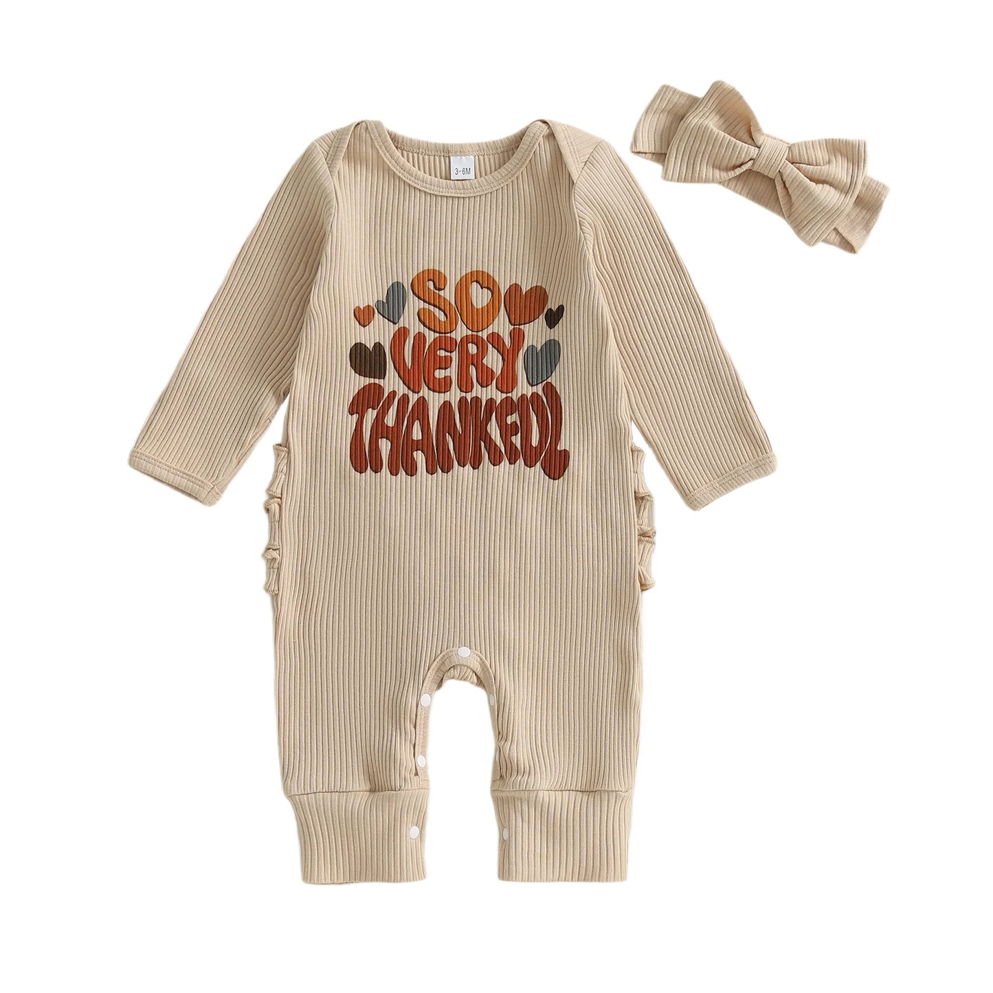 Thanksgiving Baby Girl Romper Long Sleeve O Neck Letter Turkey Print Jumpsuit with Matching Headband Set for Fall Holiday