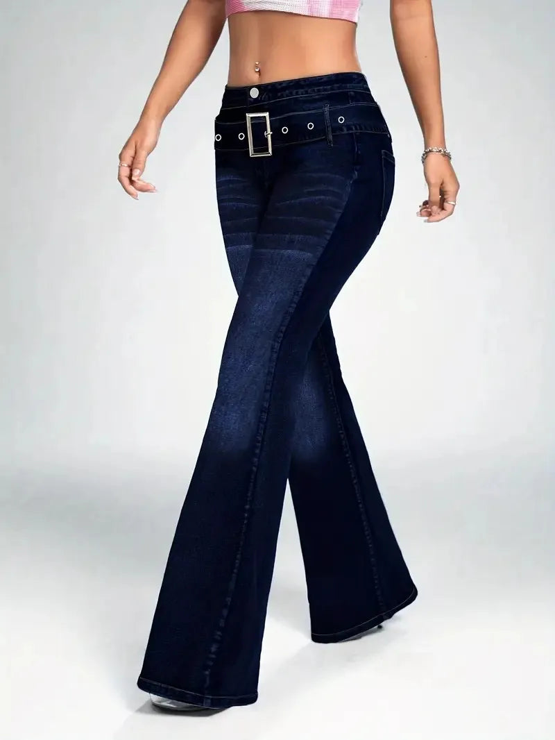 Women's fashionable casual wash dark blue decorative strap buckle stretch slim fit slim flared jeans