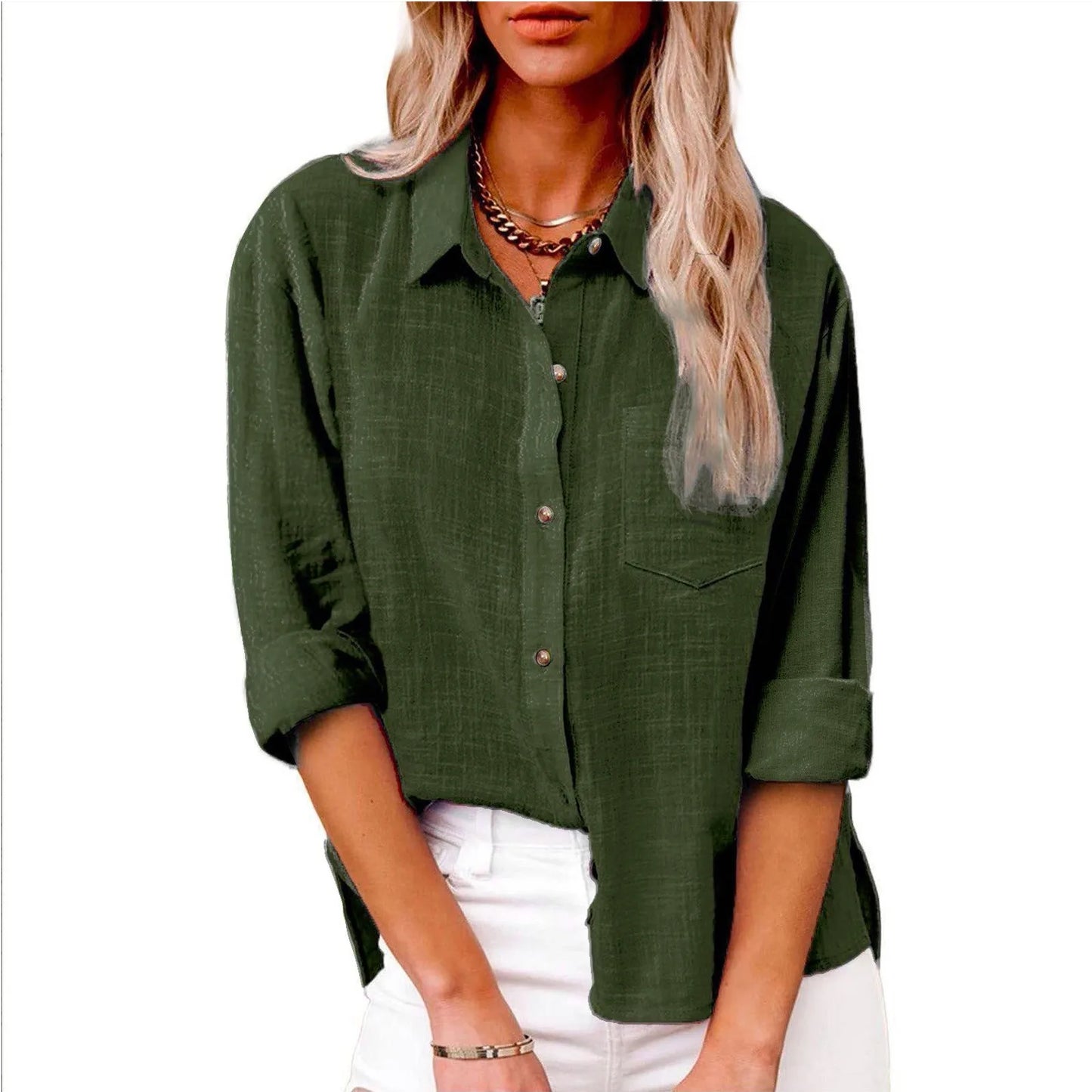 Women's Fashion Solid Color Cotton and Linen Shirt Autumn Long Sleeve Button Solid Color Loose Shirt Casual Large Size Shirt