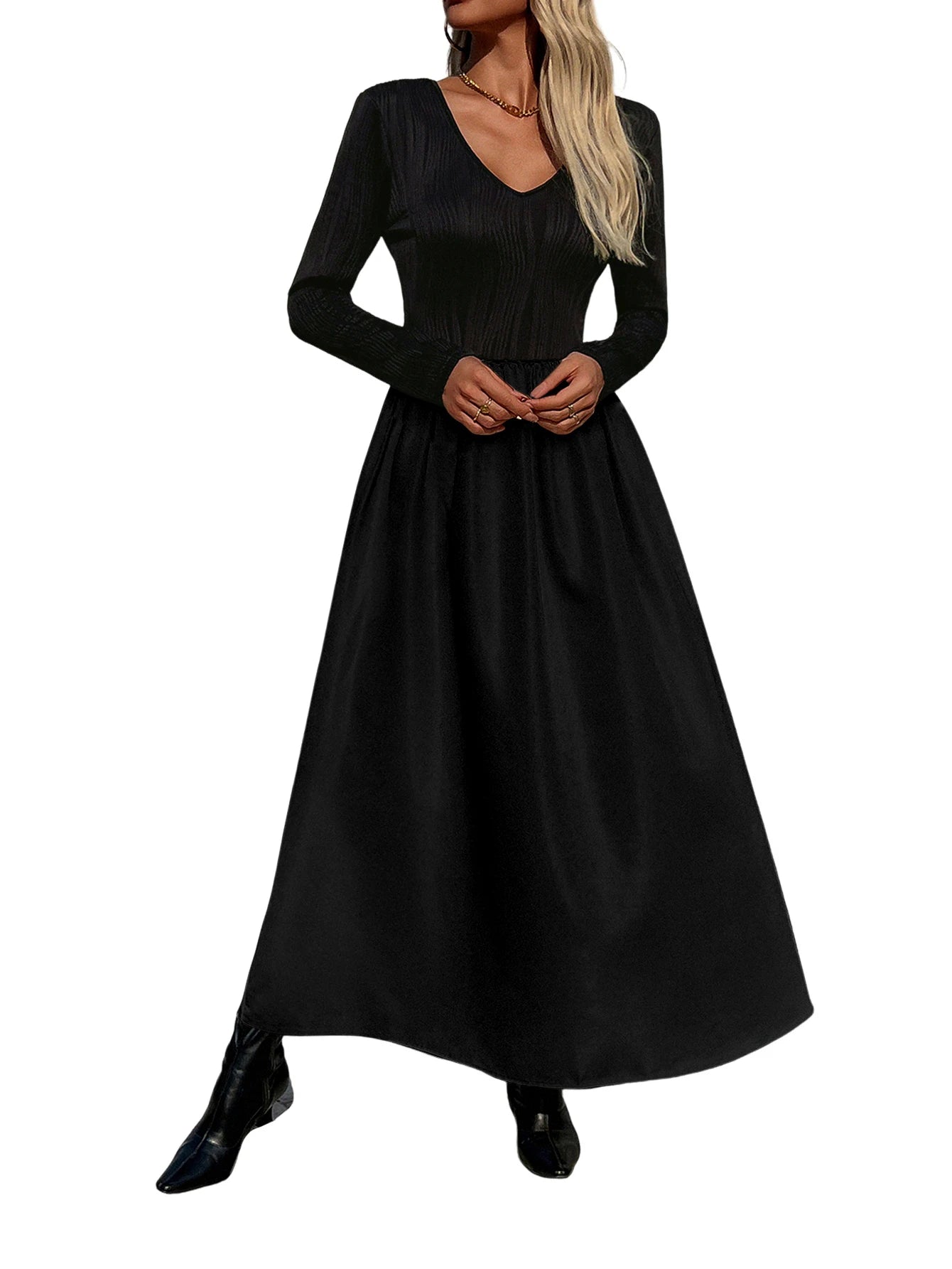 Women Long Sleeve Dress V Neck Elegant Maxi Dresses Solid Color Soft Dress Casual A Line Loose Dress