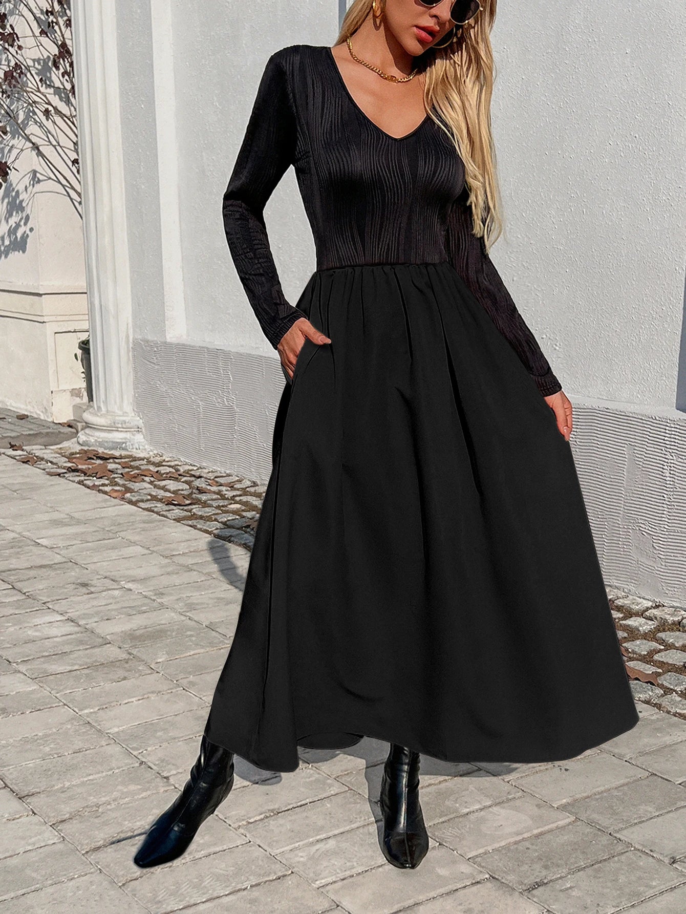 Women Long Sleeve Dress V Neck Elegant Maxi Dresses Solid Color Soft Dress Casual A Line Loose Dress
