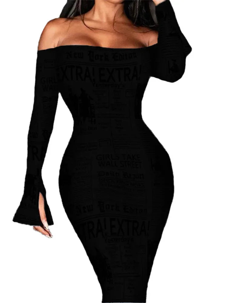 Europe and America autumn off-shoulder sexy snake pattern long sleeve waist-cinching dress