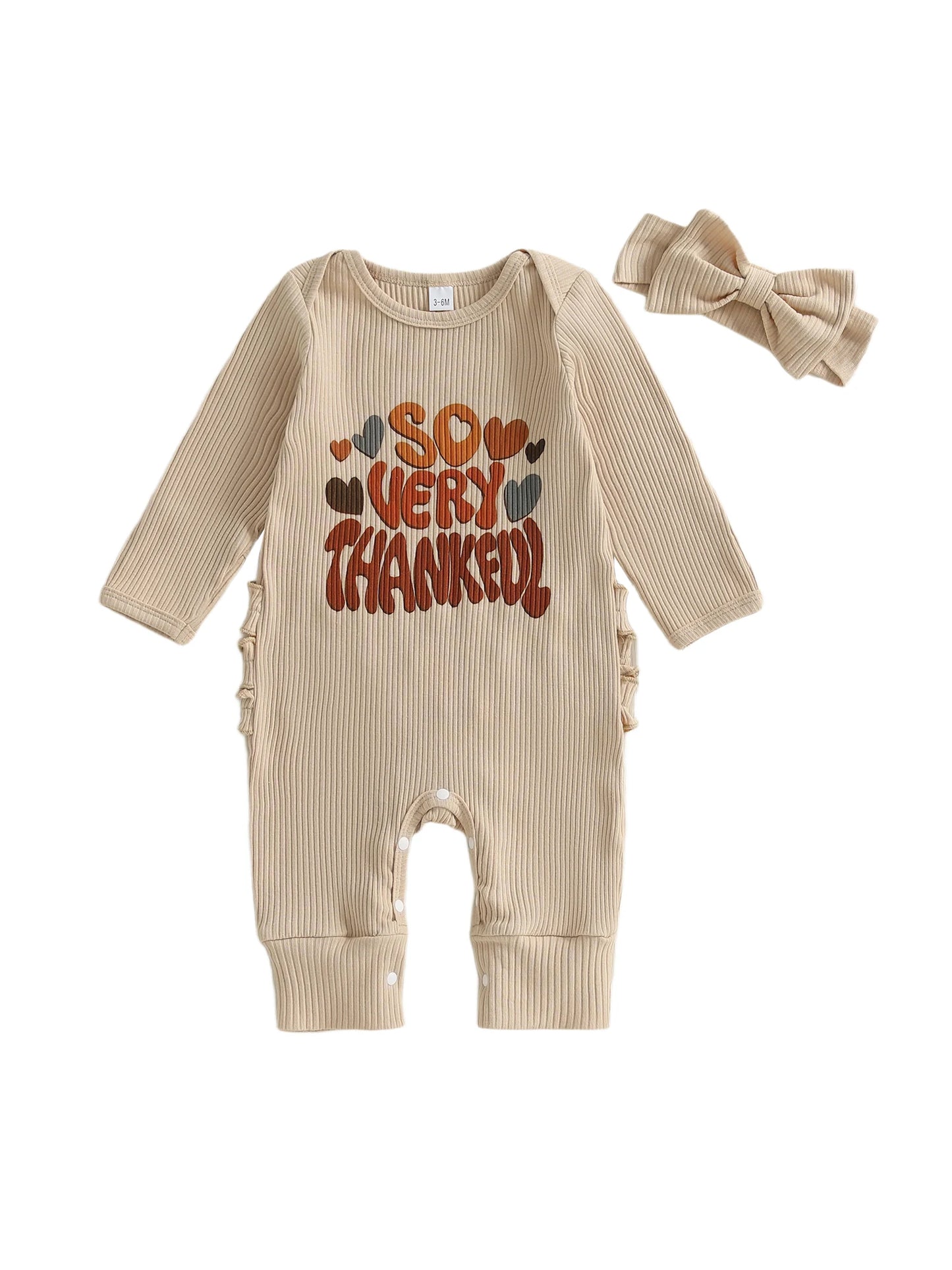 Thanksgiving Baby Girl Romper Long Sleeve O Neck Letter Turkey Print Jumpsuit with Matching Headband Set for Fall Holiday