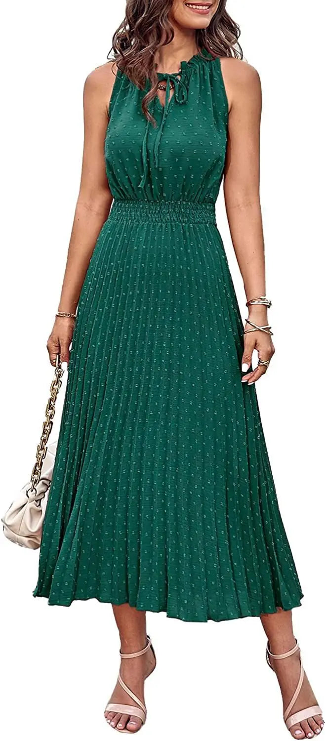 Women's Spring Fall Midi Dress Casual Long/Short Sleeve Elegant and fashionable V Neck Swiss Dot Pleated A Line Flowy Dresses