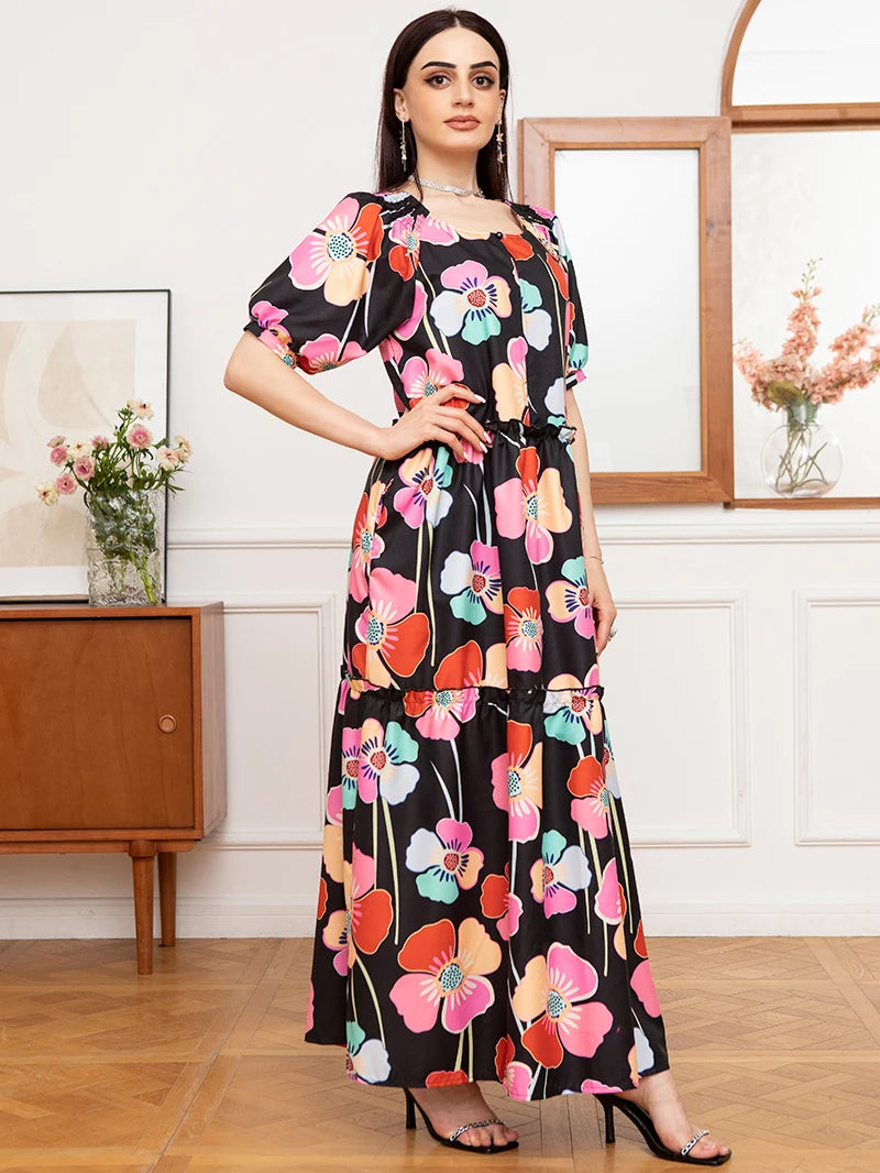 Sweet Round neck Flowers Plant Pocket Buttons Lantern sleeve Long Dresses Black Dresses