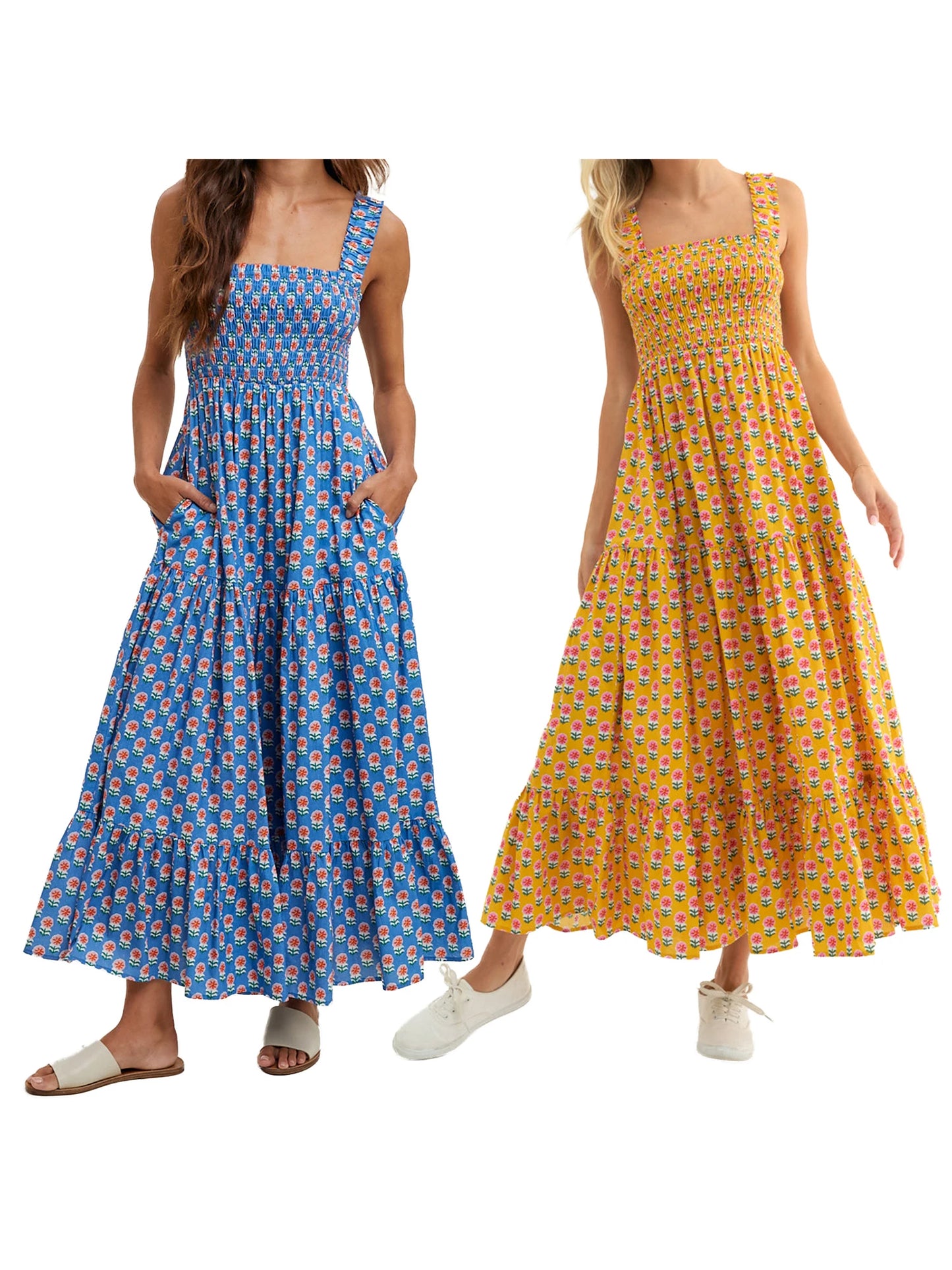 Women Boho Maxi Dress Off Shoulder Ruffle Floral Print Sleeveless Smocked Waist Long Summer Beach Dress with Pockets