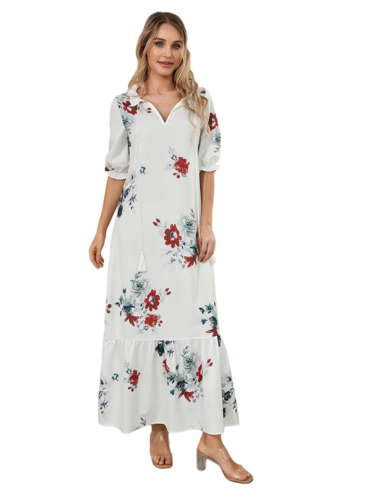Women Long Dress Elegant Short Sleeve V Neck Flower Graphic Print Loose Swing Dress Summer Casual Dress