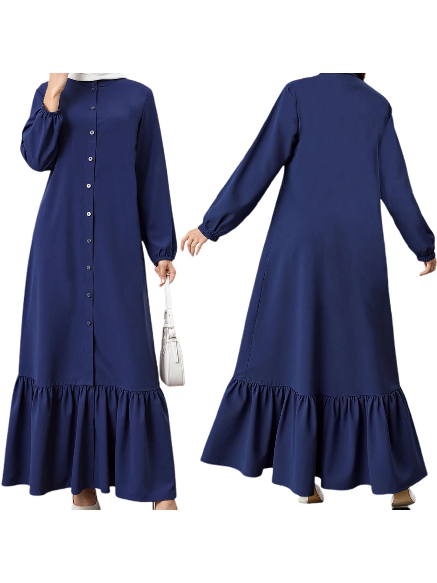Middle Eastern Style Women s Long Dress with Solid Color and Loose Fit Design Featuring Button Down Front Crew Neck and Long