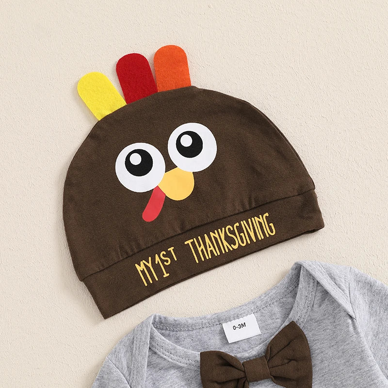 Baby Boy First Thanksgiving Outfit Turkey Print Long Sleeve Romper Suspender Pants Hat 3 Piece Set for Fall