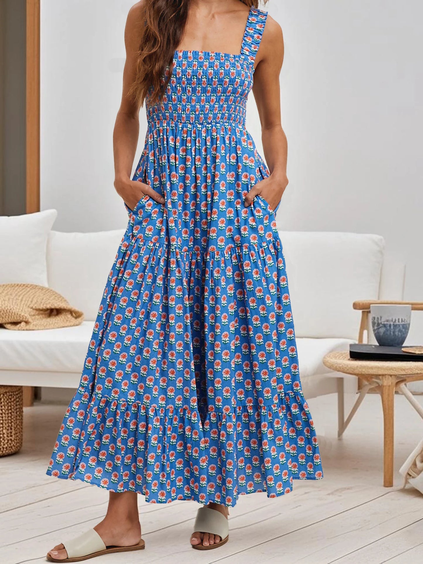 Women Boho Maxi Dress Off Shoulder Ruffle Floral Print Sleeveless Smocked Waist Long Summer Beach Dress with Pockets
