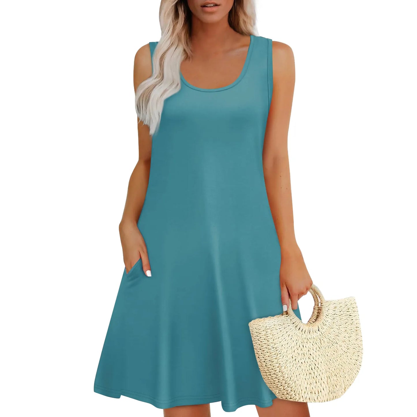 Womens Summer Dresses Loose U Neck Sleeveless Sundresses Dress With Pockets Elegant Women'S Dresses For Party Vestidos Mujer