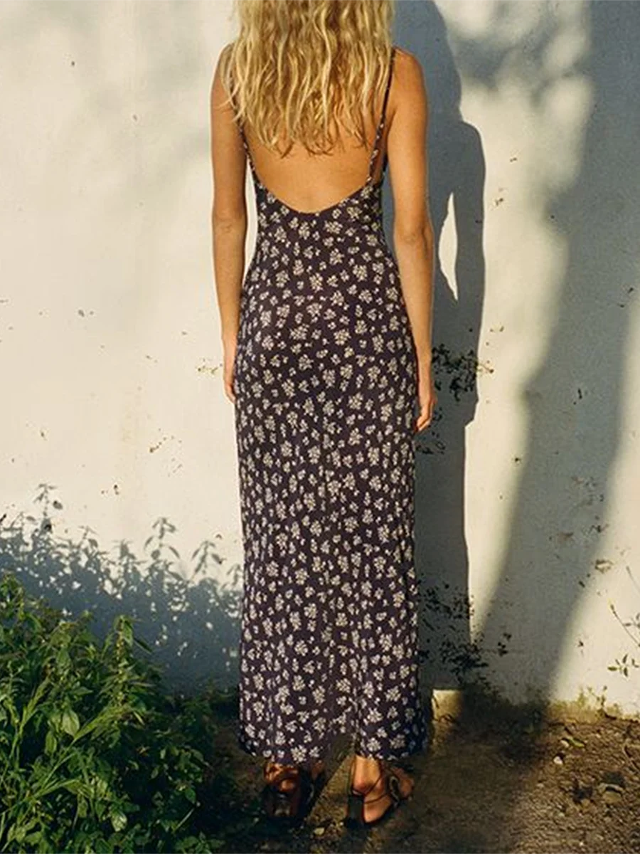 Women Sling Dresses Sleeveless Off Shoulder Floral Party Street Summer Sling Long Dress