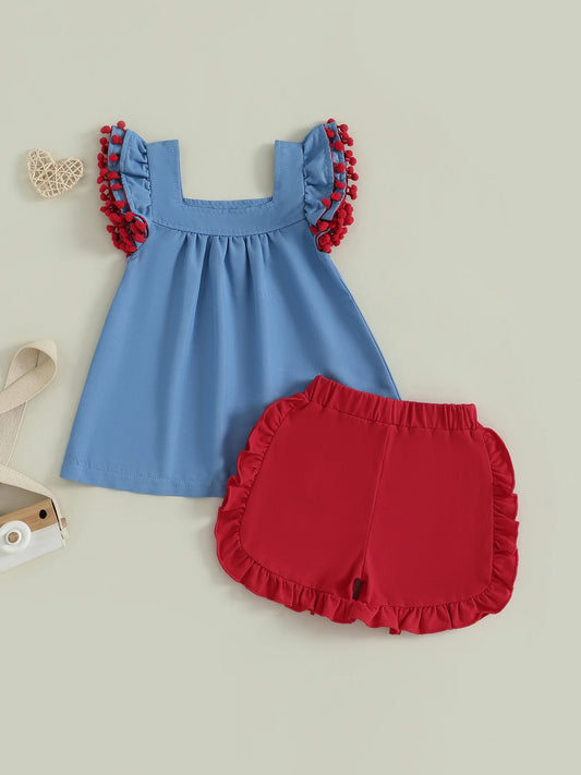 Girls Back to School Outfits Cute Apple Pencil Embroidery Top with Flutter Sleeves and Elastic Waist Shorts Set for Summer (2