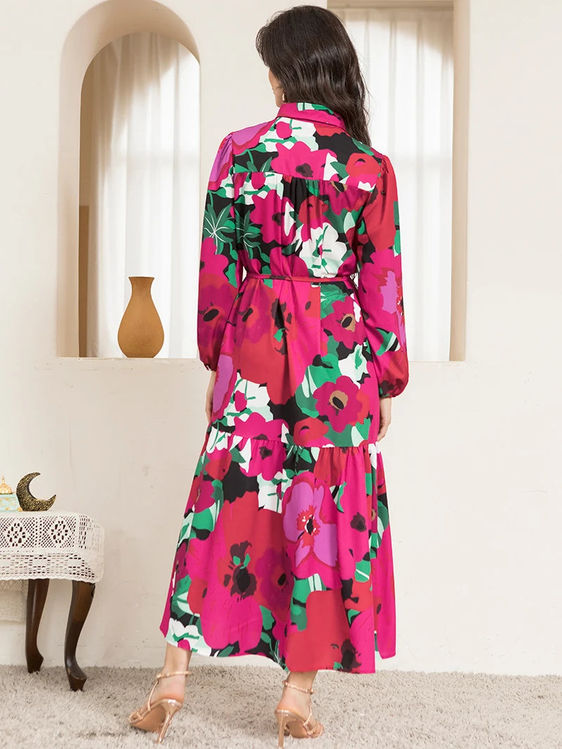 Sweetheart Collar Long Sleeve Button Belted Polka Dot Print Maxi Dress in Rose Pink