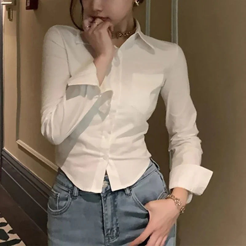 Korean White Office Women Chiffon Shirt Pocket Button Lapel Ladies Blouse Autumn WinterCommuter Long Sleeve New Female Crop Tops