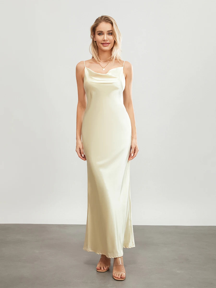 Women Long Bodycon Dress Solid Color Spaghetti Strap Cowl Neck Sleeveless Dress Summer Backless Cami Dress