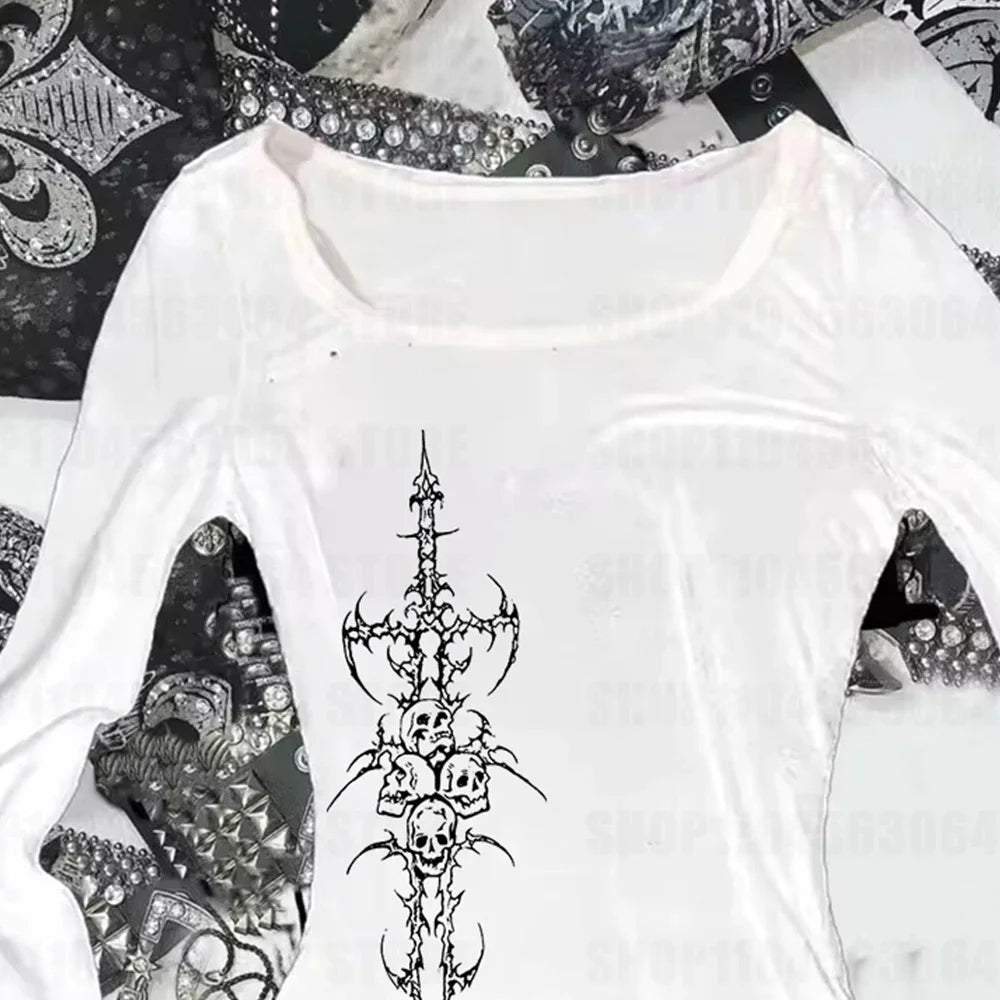 Yedinas Korean Fashion Graphic Tees Slightly Transparent T Shirt Women Clothing Long Sleeve Loose T-shirt Streetwear Spring Tops