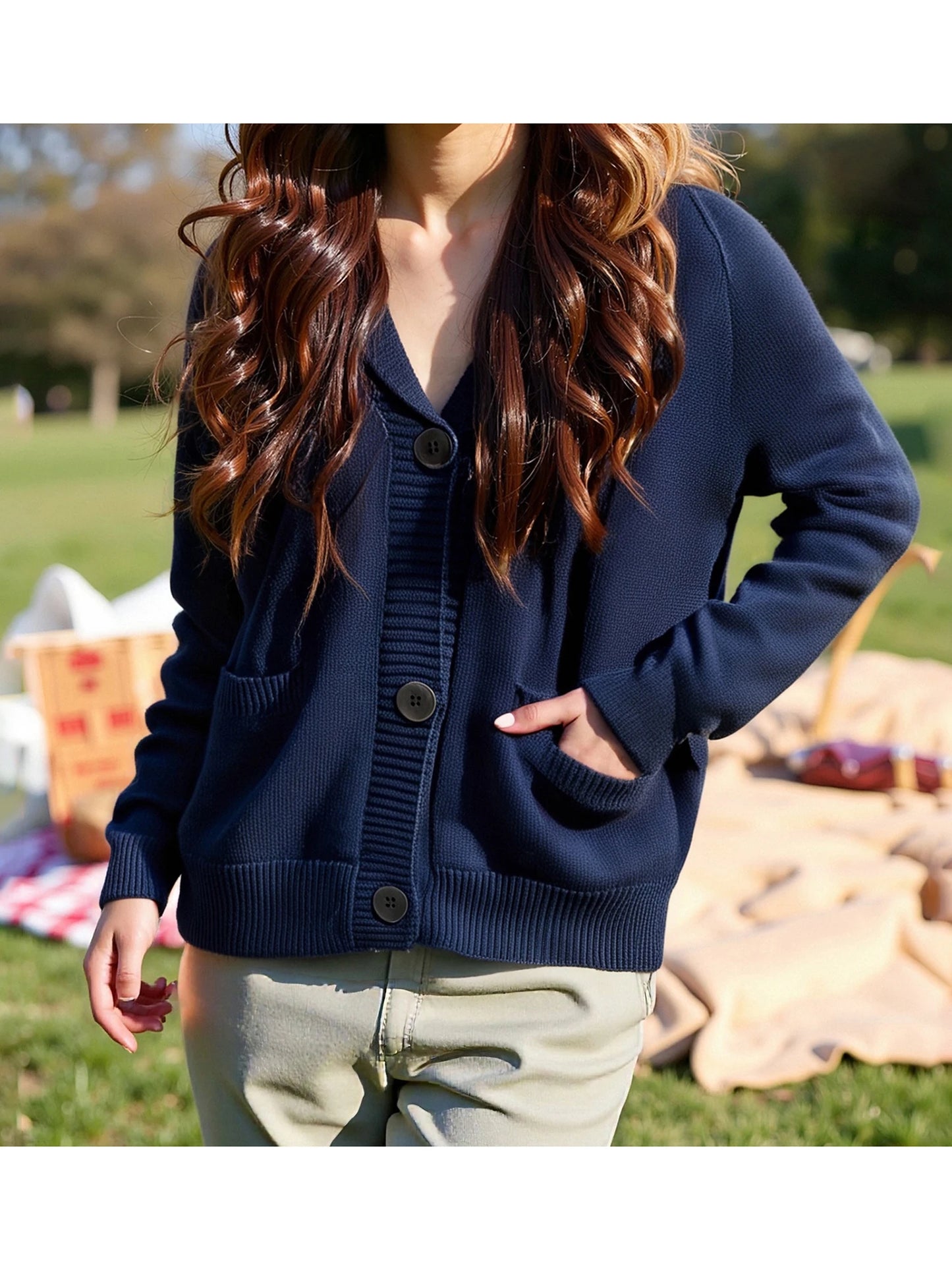 Women s Patriotic American Flag Print Cardigan with Pockets and V-Neckline Long Sleeve Button-Up Knit Sweater for Casual Fall