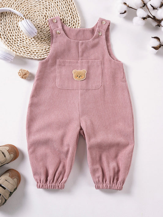 Toddler Unisex Denim Dungarees with Bear Patchwork Detail and Adjustable Straps Stylish Kids Overall Jumpsuit for Autumn