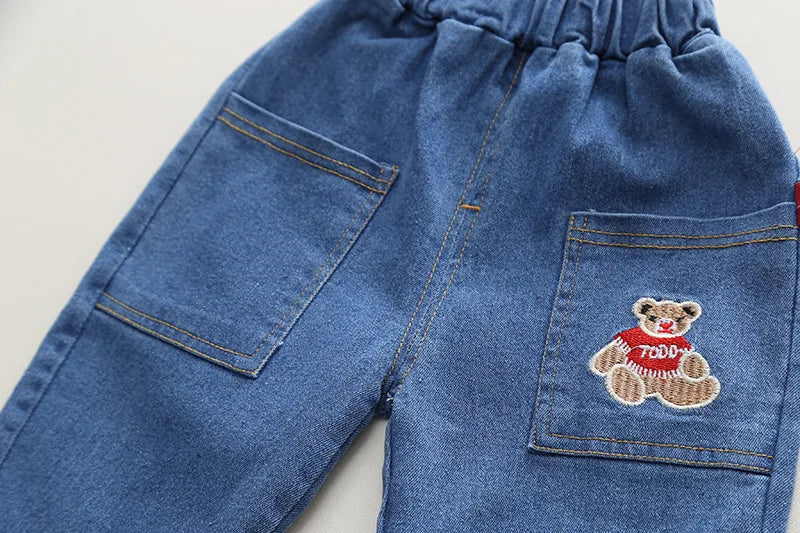 New boys' spring and autumn fashion casual sitting Bear Lapel sweater boys' jeans two piece set