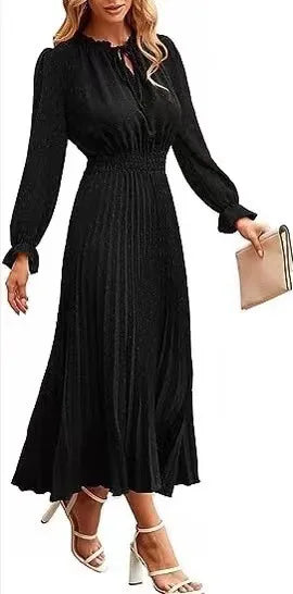 Women's Spring Fall Midi Dress Casual Long/Short Sleeve Elegant and fashionable V Neck Swiss Dot Pleated A Line Flowy Dresses