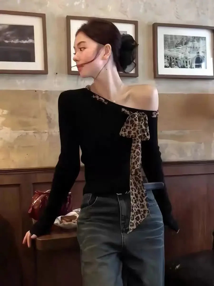Off shoulder Tops Y2k Bow Tied Long sleeve Leopard T Shirt Women Sexy Tight Basic Crop Top Lady Casual Black Tees 2024 Korean