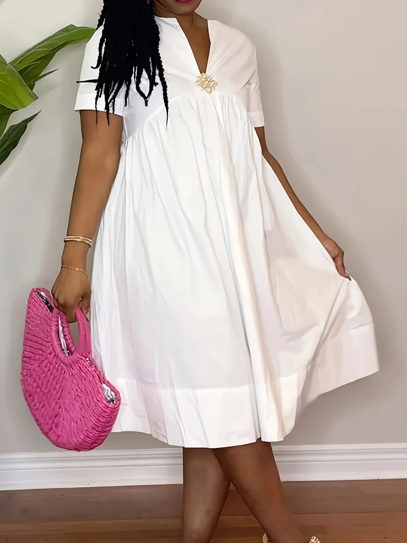 Casual Short-sleeved V-neck Waisted Loose Vacation A-line Shirt Dress