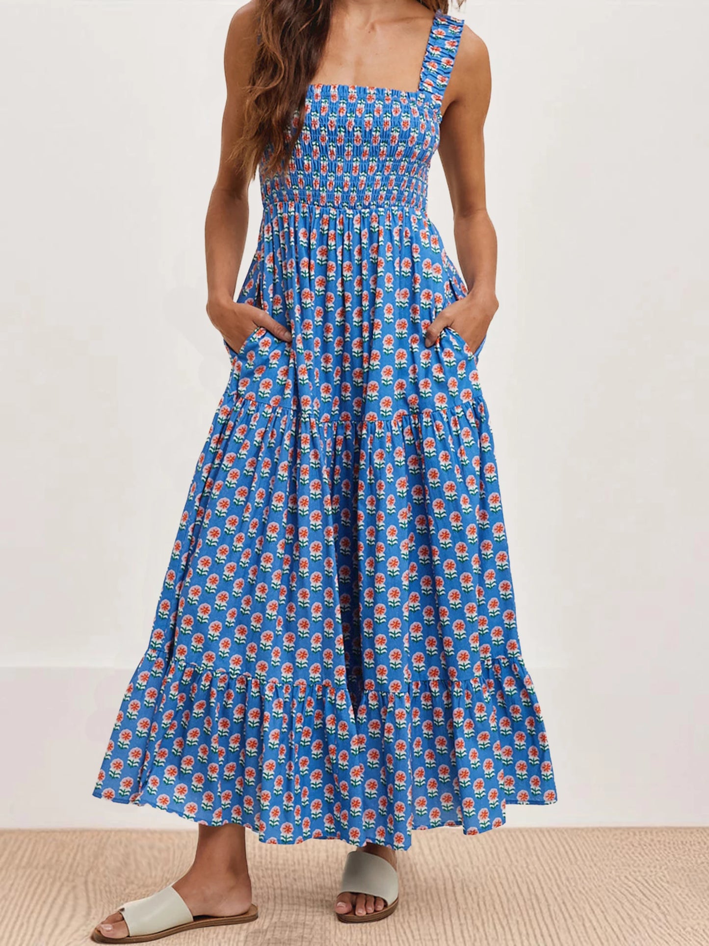 Women Boho Maxi Dress Off Shoulder Ruffle Floral Print Sleeveless Smocked Waist Long Summer Beach Dress with Pockets