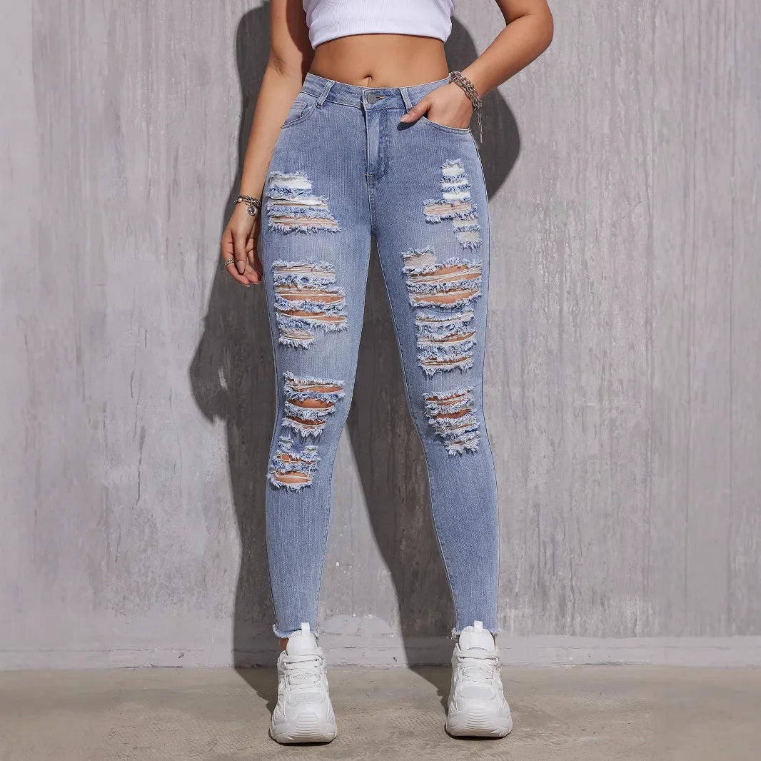 2025 Spring High Waist Skinny Jeans Women - Stretch Ripped Light Blue Denim Pants, Ankle Length Slim Fit Casual Trousers XS-XXL