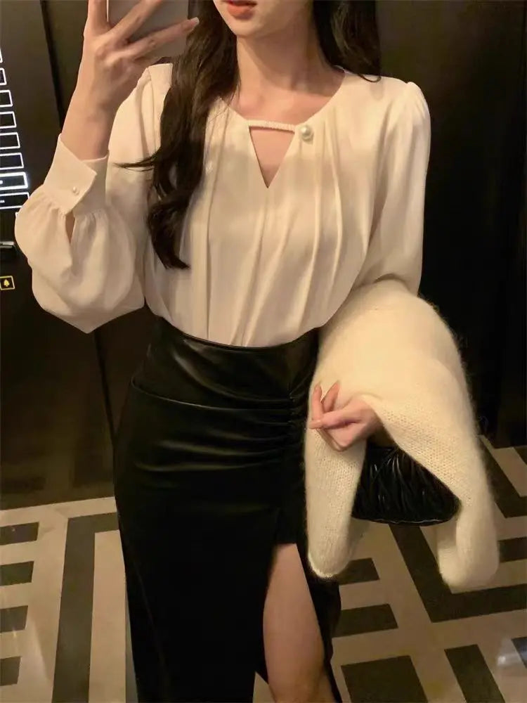 Autumn Spring Office Lady Blouse Elegant Korean Fashion Long Sleeve Shirt Women's Tops White Pink With Pearl Female Office Wear