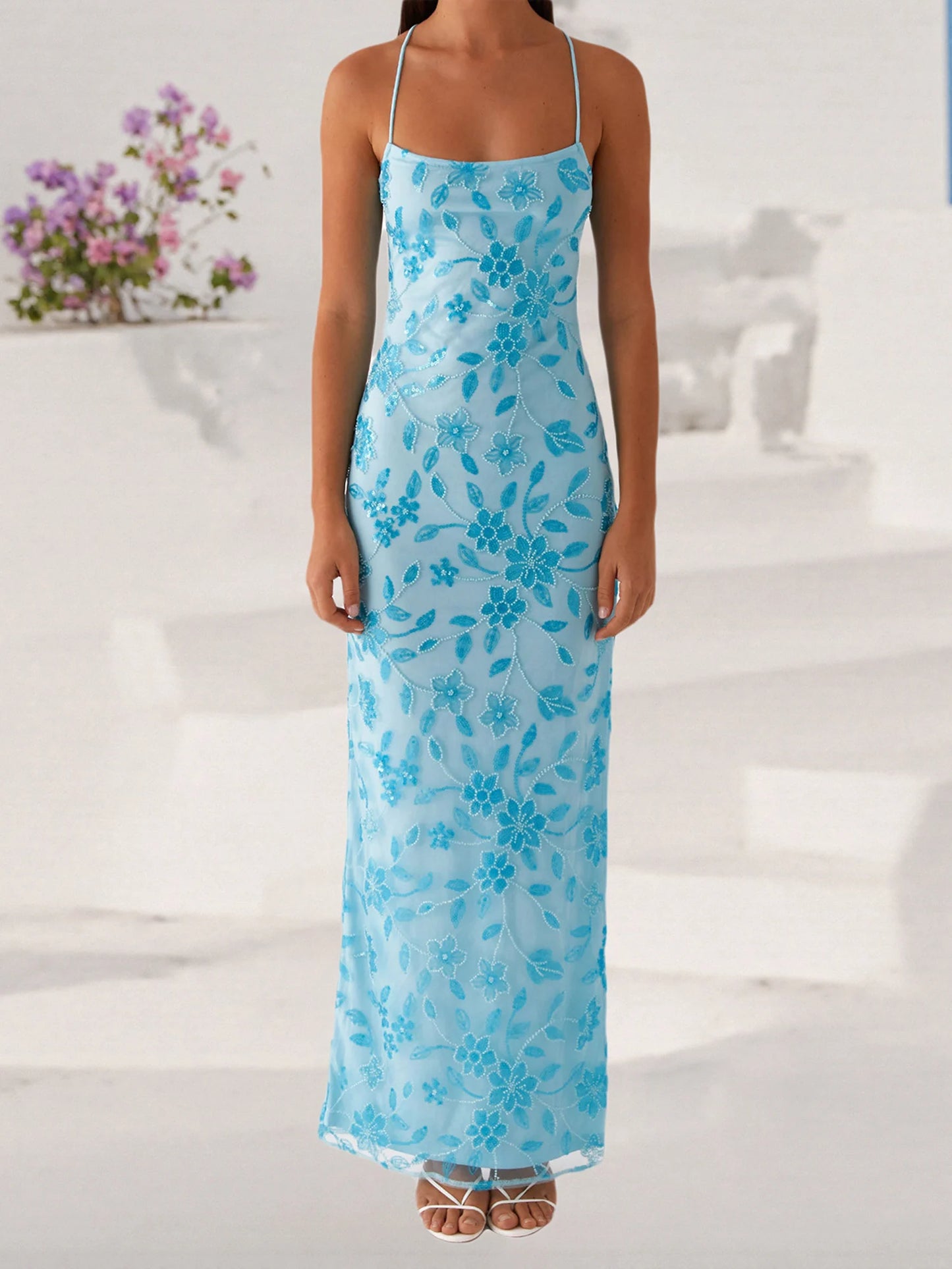 Elegant Sequin Embellished Maxi Dress with Floral Appliques and High Side Slit Perfect for Evening Party or Clubwear