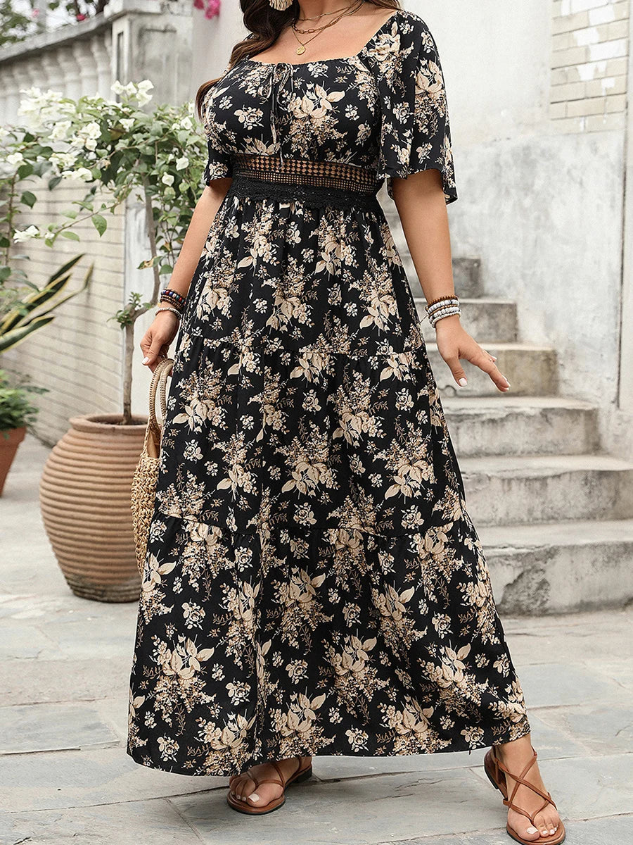 Women Maxi Dress Stylish Off-Shoulder Ruffle Sleeve Boho Floral Print Flowy Beach Party Long Dress