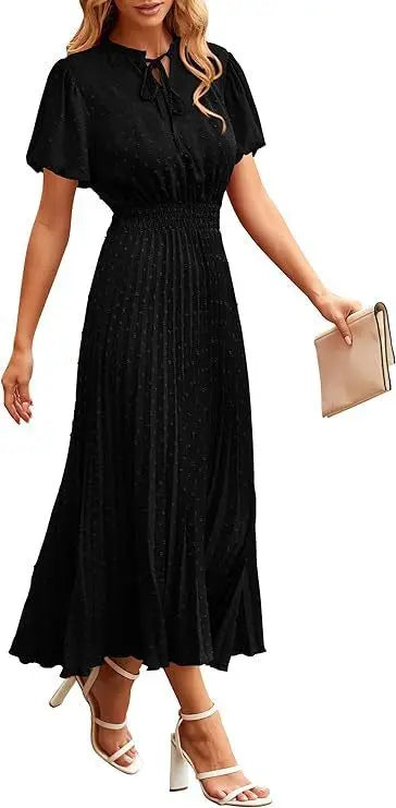 Women's Spring Fall Midi Dress Casual Long/Short Sleeve Elegant and fashionable V Neck Swiss Dot Pleated A Line Flowy Dresses