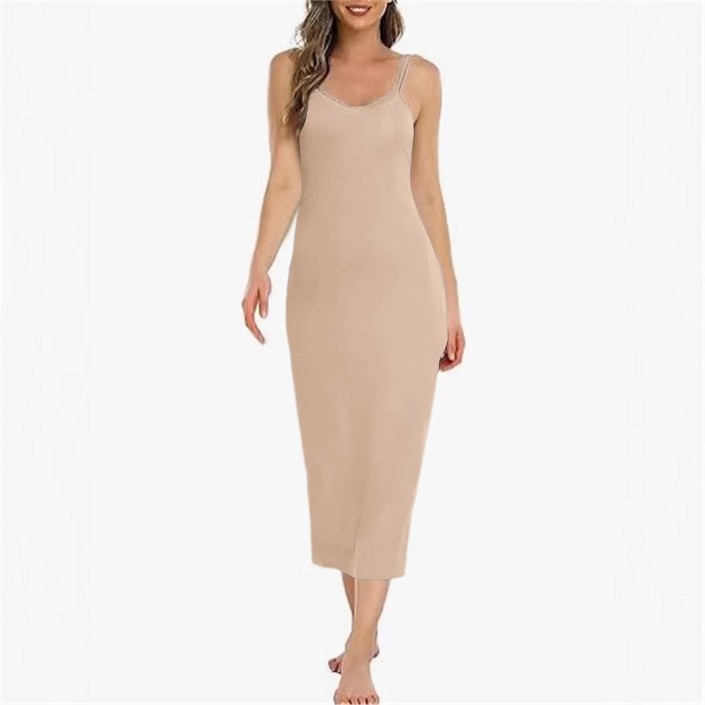 Women Long Slip Dress Basic Adjustable Spaghetti Straps Cami Slip Dress Soft V Neck Nightgown Under Dresses Elegant Women'S