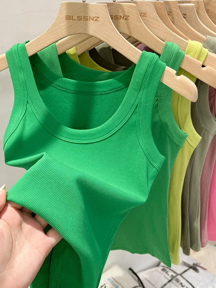 Solid Round Neck Ribbed Tank Top Camisole Women 2025 Summer Basic Elastic Tank Top O Neck Solid Tank Top