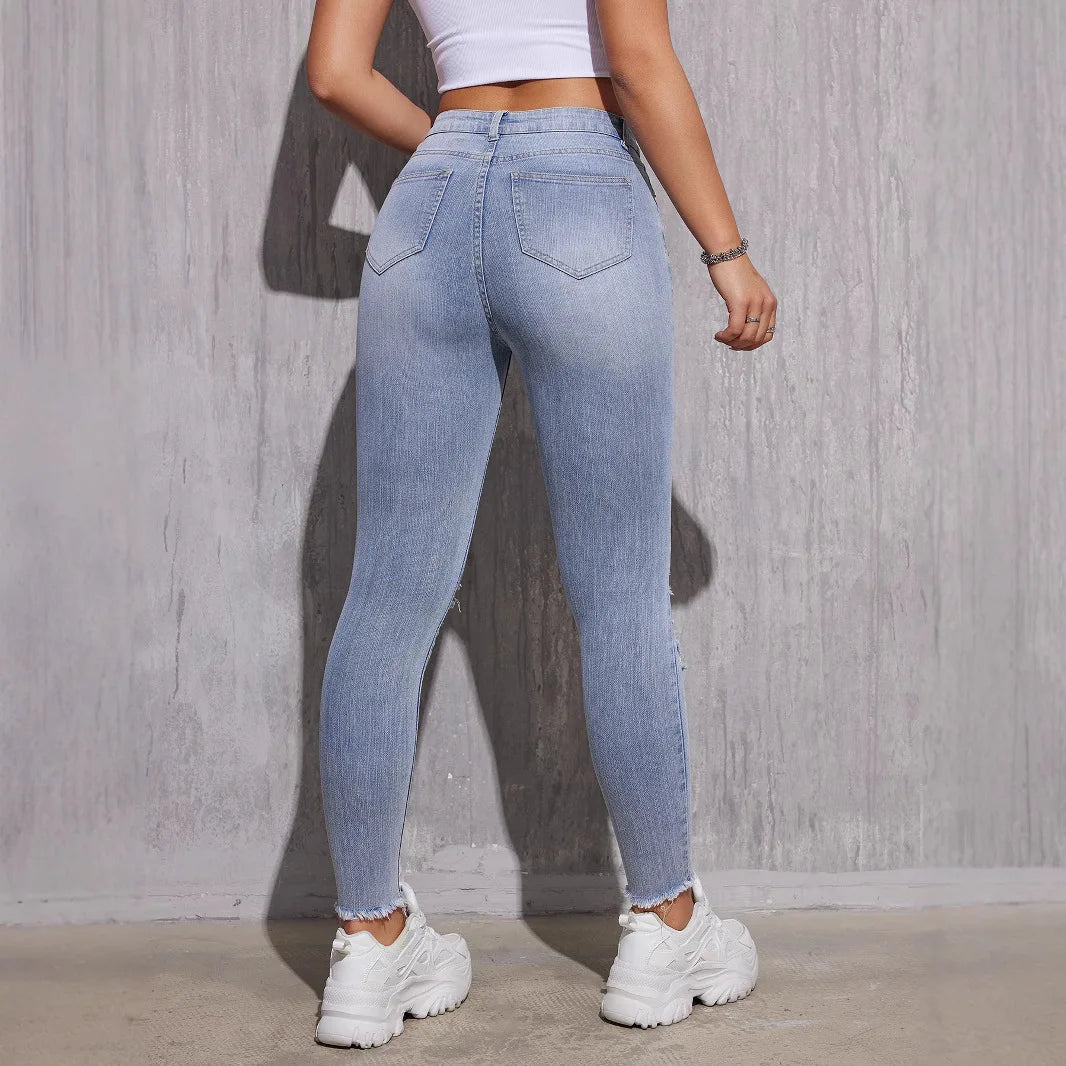 2025 Spring High Waist Skinny Jeans Women - Stretch Ripped Light Blue Denim Pants, Ankle Length Slim Fit Casual Trousers XS-XXL