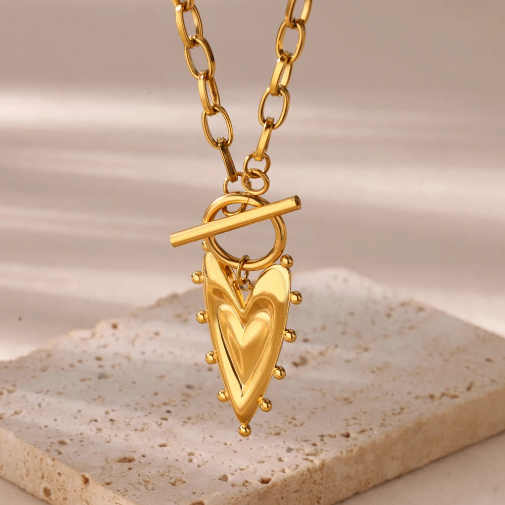 Punk Gold Color Heart Pendant Necklace for Women Stainless Steel Buckle Beaded Neck Chain Choker Y2K Jewelry Accessories
