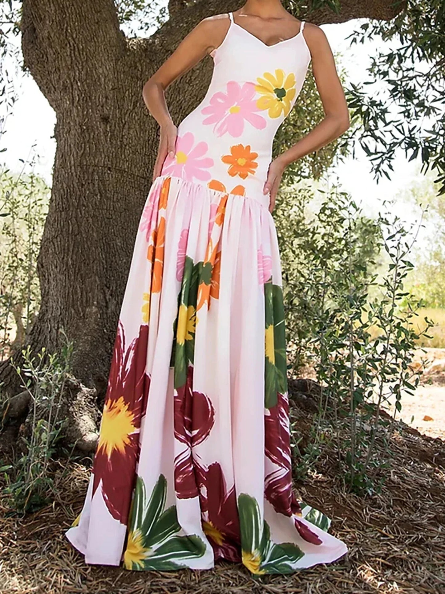 Women s Boho Floral Print Spaghetti Strap Maxi Dress Sleeveless Flowy Hem Summer Beach Cami Dress with Pockets