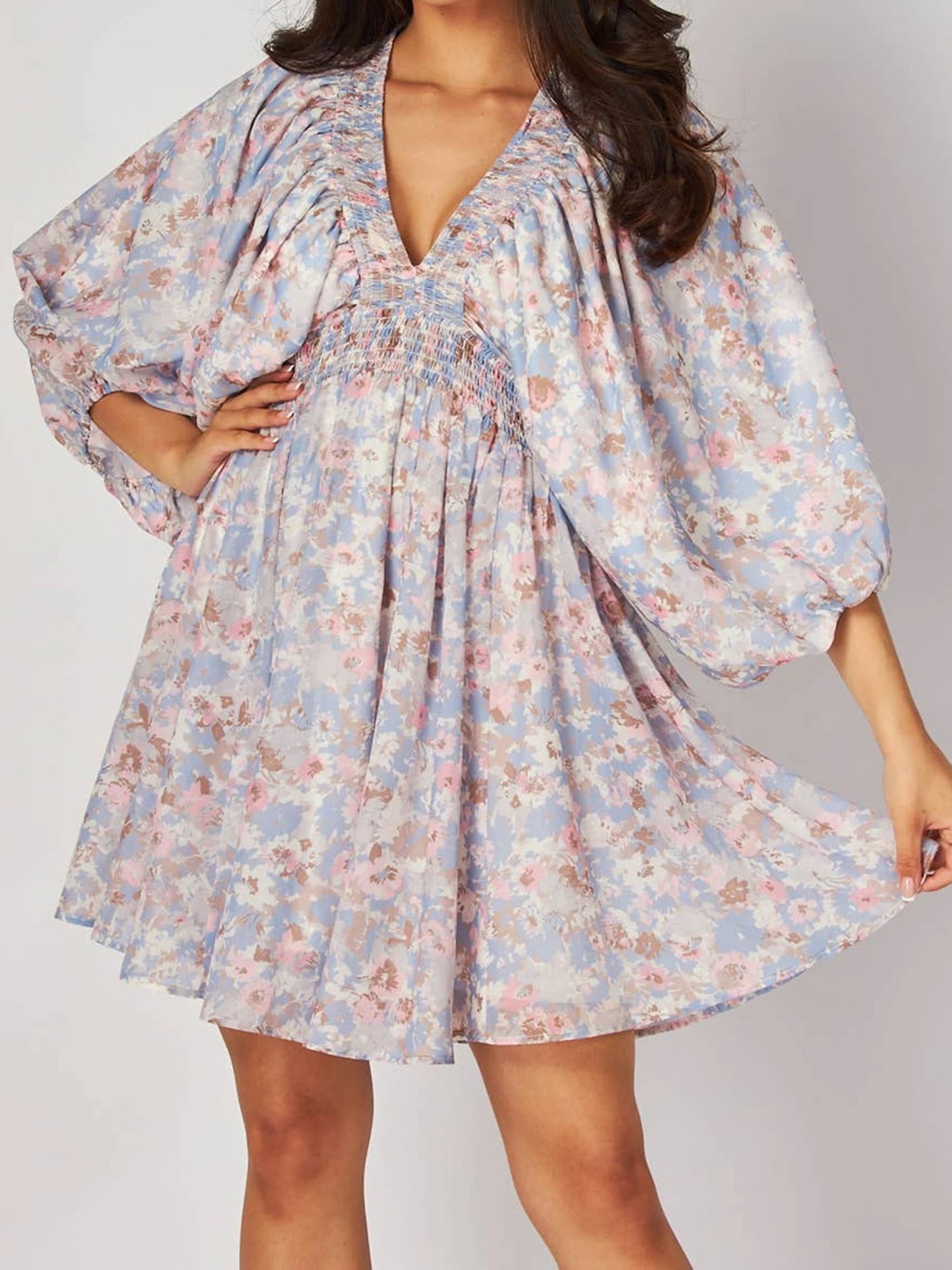 Elegant Floral Print Midi Dress with Long Sleeves and Deep V Neckline Perfect for Fall Parties and Events